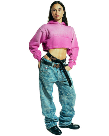 FUCHSIA EMBOSSED CROPPED HOODIE