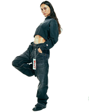 BLACK EMBOSSED CROPPED HOODIE