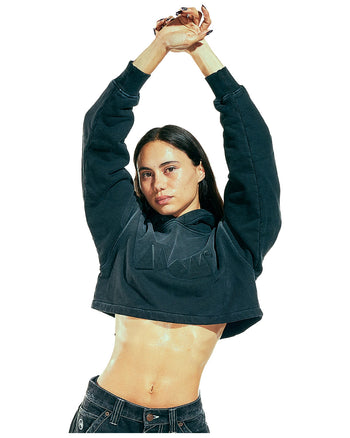 BLACK EMBOSSED CROPPED HOODIE